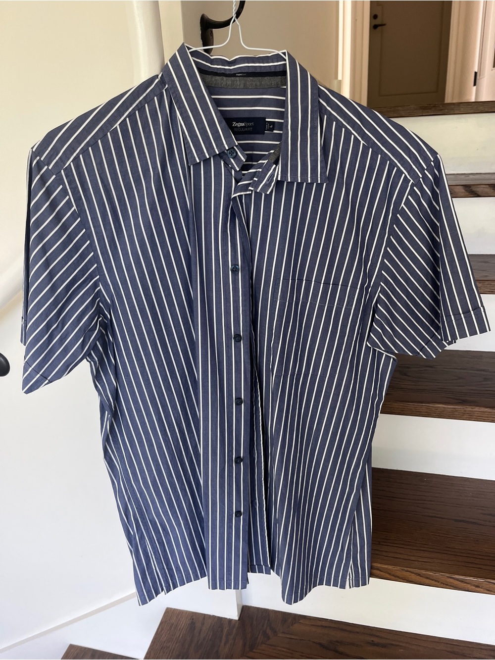 Zegna Sport Navy and White Stripe Short-Sleeve Button-Down Shirt